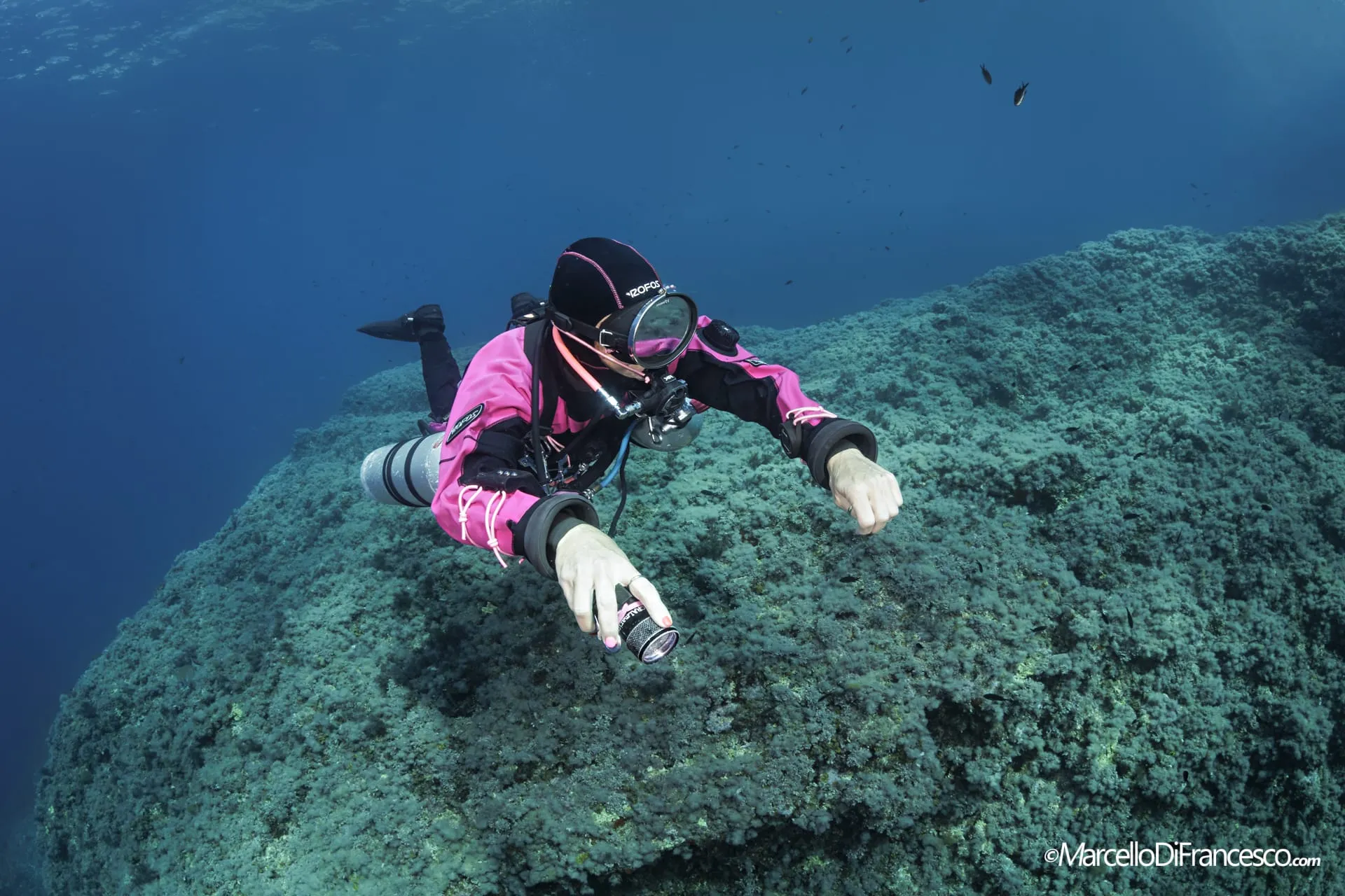 Cecilia Luconi in sidemount su un reef roccioso di Portofino