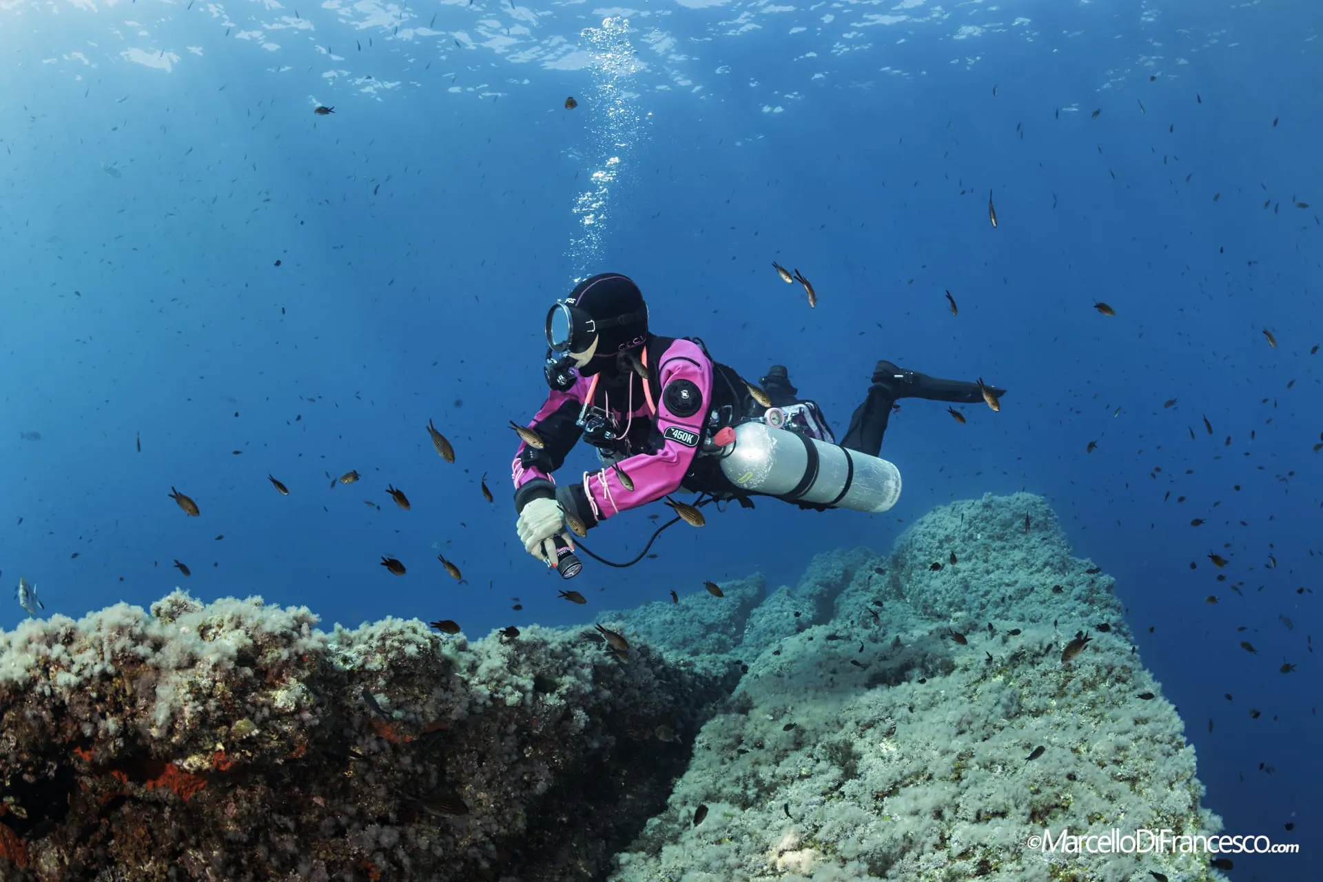 Cecilia Luconi in sidemount su una secca di Portofino